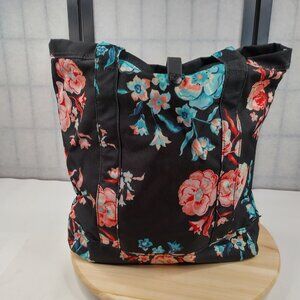 Herschel Market Tote Bag Black Floral Lined w/ Leather Closure Large